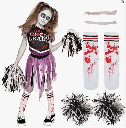 Zombie Cheerleader Halloween-Kostüm für Kinder, mit Kleid, Pompons und Socken, Horror-Verkleidung (M) von HUTRADE