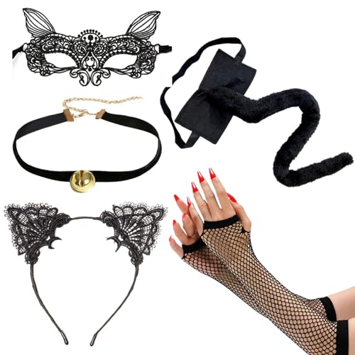HUUiWAA 5 Set schwarze Katzenohren und -schwanz, Katzenkostüm-Zubehör, Spitzenmaske, Handschuhe, Choker-Halskette mit Glöckchen, Catwomen-Maskerade-Outfit für Erwachsene, HUUiWAA 5 Set schwarze Katzenohren und -schwanz, Katzenkostüm-Zubehör, Spitzenmaske, Handschuhe, Choker-Halskette mit Glöckchen, Catwomen-Maskerade-Outfit für Erwachsene, von HUUiWAA