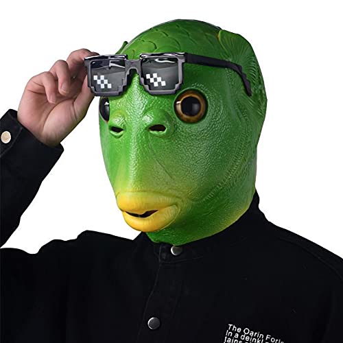 HUYIWEI Fischmaske,grüner Fischkopf,realistische Tierlatexmaske,grüner Fischmaske Kopfschmuck,inklusive einer lustigen Brille,Halloween Karnevalskostüm（Geeignet für Kinder ab 14 Jahren） von HUYIWEI