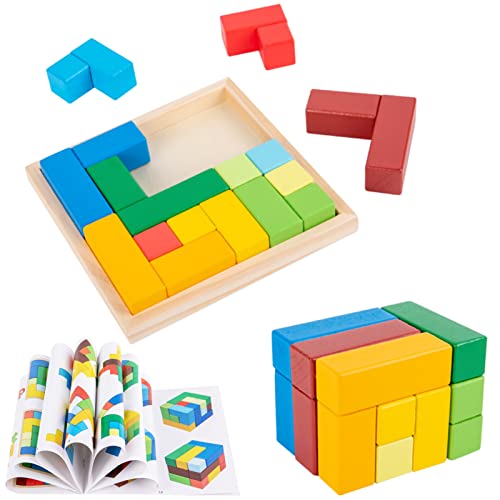 HUZU 3D Bausteine Holz Puzzle Muster Gehirn Entwicklung Spielzeug mit 3 Formen und 12 Stück und Farben, Geschenke für Kinder von HUZU