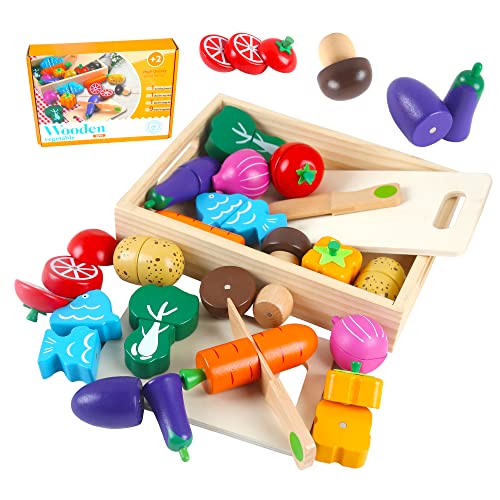 HVDHYY Küchenspielzeug für Kinder aus Holz Spielzeug Obst zum Schneiden Kinderküche Zubehör Lebensmittel mit Hölzern Lagerung Kasten für 2+Jungen Mädchen Weihnachten Geburtstag Kindertag Gegenwärtig von HVDHYY