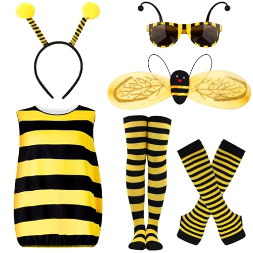 6 Stück Bienenkostüm Erwachsene Bienen Kostüm Damen kleid mit Zubehör Bienen Haarreif flügel Brille Karneval Biene Kostüm Biene Faschingskostüme Erwachsene Hummel Kostüm Handschuhe Beinärmel (L) von HVIERO