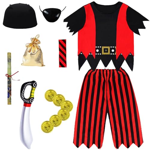 HVIERO Piratenkostüm Kinder Jungen Mädchen 110 116 122 Karneval Pirat Kostüm Mit Accessoires Augenklappe Kopftuch Goldmünzen Faschingskostüme Kinder(M) von HVIERO