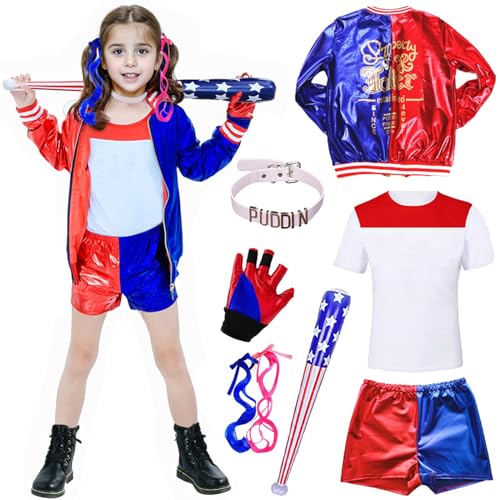 HVIERO Quinn Kinder 6–7 Jahre Kostüm – Mädchen Halloween-Kostüm mit Jacke, Shorts, T-Shirt, Perücke, Handschuhen und Zubehör HVIERO Quinn Kinder 6–7 Jahre Kostüm – Mädchen Halloween-Kostüm mit Jacke, Shorts, T-Shirt, Perücke, Handschuhen und Zubehör von HVIERO
