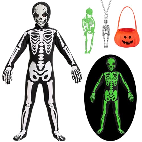 HVIERO Skelett Kostüm Kinder Jungen Mädchen Leuchtend 122 128 Halloween Kostüm Skelett mit Kürbis Tasche Jumpsuit Horror Kostüm Kinder Cosplay Kleidung (L) von HVIERO