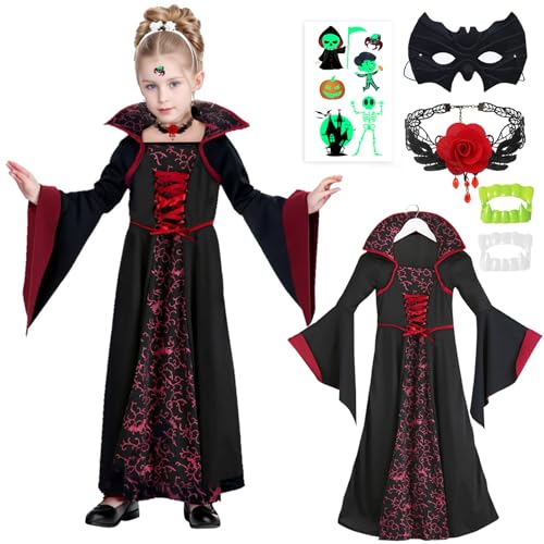 HVIERO Vampir Kostüm Mädchen Kinder 12 13 Jahre Vampir Kostüm Mädchen mit Maske Kleid Vampir Kostüm Halloween Vampir für Halloween Karneval (150) von HVIERO