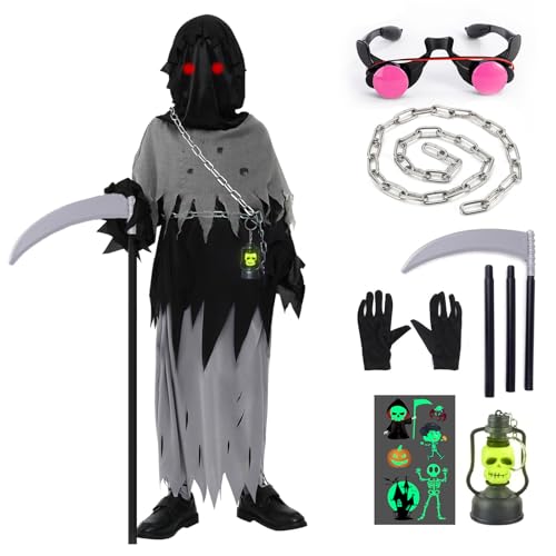 Halloween Sensenmann Kostüm Kinder Junge 152 158 164 mit Skelett Handschuhe Sichel Grim Reaper Costume Scream Kostüm Herren Horror Kinder Cosplay Halloween Kostüm Sensenmann (XL) von HVIERO