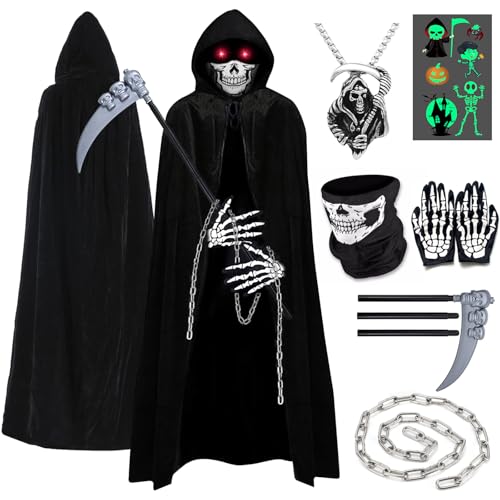 Halloween Sensenmann Kostüm Kinder Junge Mädchen Sensenmann Umhang Set mit Kapuze 5 6 7 Jahre Handschuhe Maske Sense Umhang Halloween Grim Reaper Kostüm Gruseliges Halloween Kostüm Kinder (80cm) von HVIERO