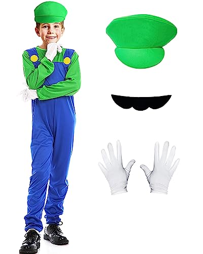 Luigi Kostüm Kinder 128 134 Mario Kostüm Karneval Kostüm Kinder Jungen Mädchen Mario und Luigi Kostüm mit Mütze Schnurrbärte Handschuhe Kindheitshelden Faschingskostüme Kinder Halloween Kostüm (Grün) von HVIERO