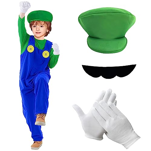 Mario-Kostüm für Kinder, 3 – 12 Jahre, Mario-Kostüm, für Kinder, Mädchen, Jungen, mit Overall, Mütze Mario und Luigi, für Karneval, Cosplay (Jungen Luigi – Grün, M) von HVIERO