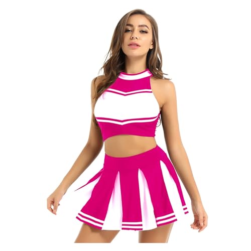 HWJFDC Cheerleader Kostüm Cheerleading-Kostüm for Damen, Uniform, Schulmädchen-Outfit, Stehkragen, ärmelloses Crop-Top mit Mini-Faltenrock(Pink,L) von HWJFDC