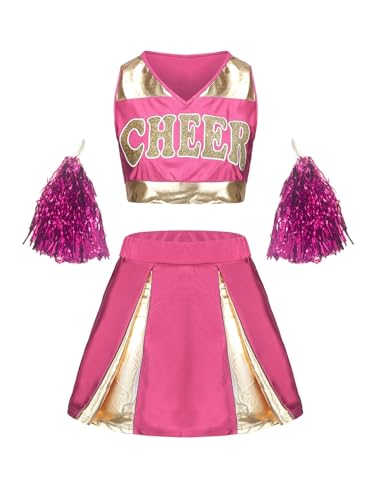 HWJFDC Cheerleader Kostüm Mädchen Cheerleader-Uniformen, ärmelloses Crop-Top, Rock, Socken, Kleidung for Cheerleading-Tanz-Outfits for Erwachsene(Pink,S) von HWJFDC