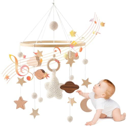HWXZUUO Baby Crib Mobile, Stars Clouds Moon Baby Mobile with Crisp Sound, Hand-Crocheted Wood Nursery Mobiles, Boho Crib Toys Hanging for Boys Girls von HWXZUUO