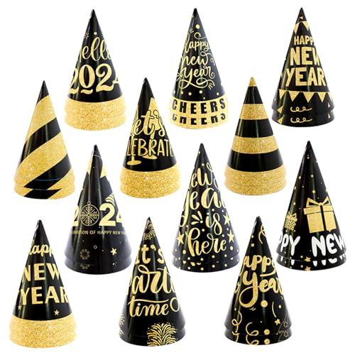HWXZUUO Silvester Partyhüte 2024 24PCS verjüngte schwarze Gold Glitter Party Hüte für Erwachsene Kinder 4, 1 -Zoll -Durchmesser Neujahr Dekorationen mit Seilabend 2024 von HWXZUUO