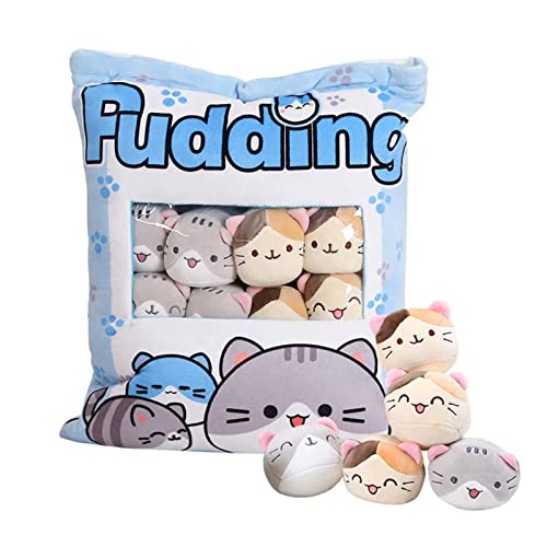 HXPLN Katze Plüsch Kissen, Abnehmbare Spielzeug, Pudding Katze Kissen, Tasche mit Katze Plüsch, Niedliche Katze Dekoration Geschenk für Jugendliche, Mädchen, Kinder (8 Blau Kätzchen) von HXPLN