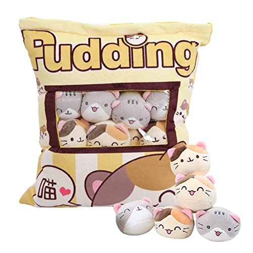 HXPLN Katze Plüsch Kissen, abnehmbare Spielzeug, Katze Pudding Kissen, Tasche mit Katze Plüsch, niedliche Katze Dekoration Geschenk für Jugendliche, Mädchen, Kinder (8 gelbe Kätzchen) von HXPLN