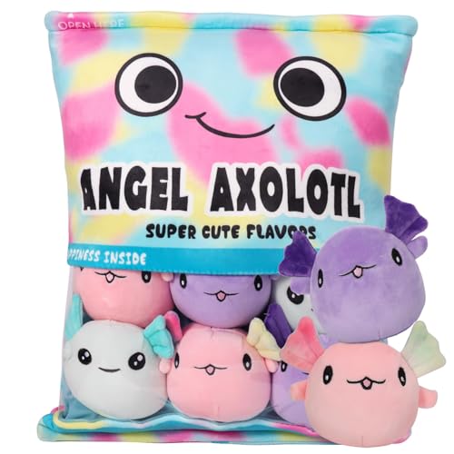 HXPLN Nettes Snack Plüsch Kissen, Axolotl Pudding Kissen, Abnehmbare Kuscheltier, Spielzeug Tasche Mit Plüschtier, Geschenke für Kinder (6 Bunt Axolotls) von HXPLN