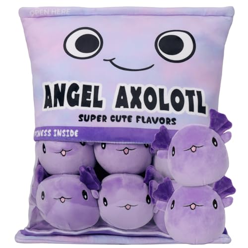 HXPLN Nettes Snack Plüsch Kissen, Axolotl Pudding Kissen, Abnehmbare Axolotl Kuscheltier, Spielzeug Tasche mit Axolotl Plüschtier, Axolotl Geschenke für Kinder (6 Lila Axolotls) von HXPLN