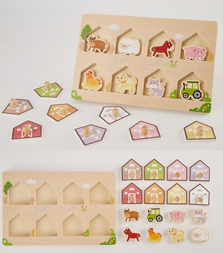 HYAKIDS Holzpuzzle für Kinder, Bauernhof Tier Greifpuzzle, Holzpuzzle Montessori Spielzeug mit Greifknopf, Sortierspiel, Steckpuzzle Geschenk für Kleinkinder Jungen Mädchen ab 3 4 5 Jahre von HYAKIDS