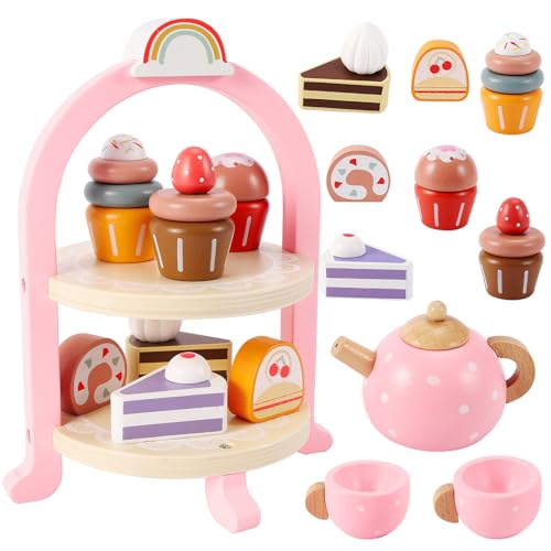 HYAKIDS Teeservice Kinderküche Zubehör aus Holz, Tee Set Teeparty Spielküche Rollenspiele, Küchenzubehör Holzspielzeug, Geschenk für Kinder Mädchen ab 3 Jahre von HYAKIDS