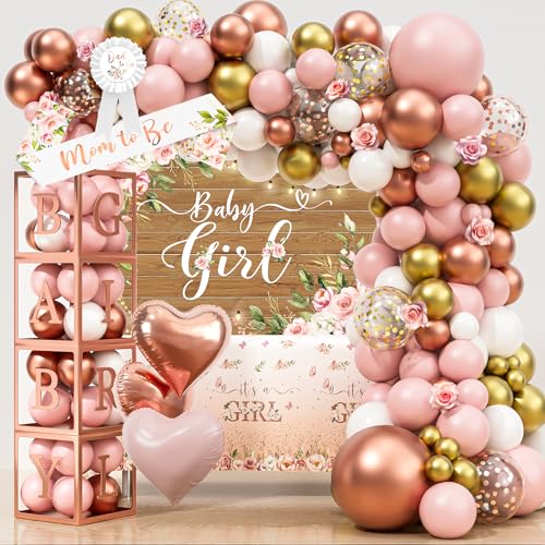 Blumen-Babyparty-Dekorationen für Mädchen, Roségold, Babyparty, Partyzubehör, Baby-Boxen, Schärpe für werdende Mütter und werdende Papa, rosa Ballonbogen, Hintergrund, Tischdecke, Herz-Folienballon Blumen-Babyparty-Dekorationen für Mädchen, Roségold, Babyparty, Partyzubehör, Baby-Boxen, Schärpe für werdende Mütter und werdende Papa, rosa Ballonbogen, Hintergrund, Tischdecke, Herz-Folienballon von HYCSANBAO
