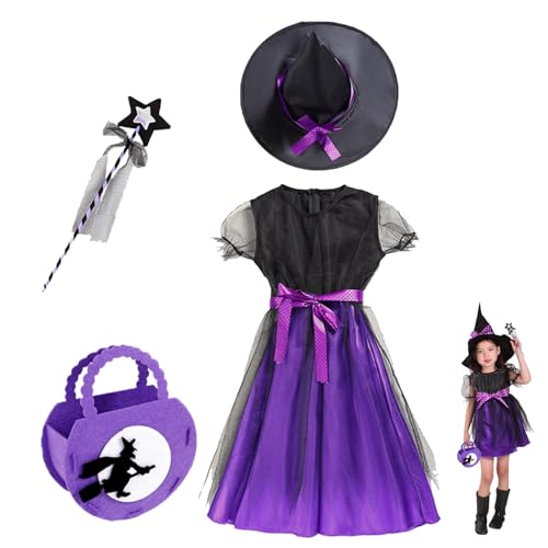 HYDTQCL Halloween Hexenkostüm Kinder, Hexenkostüm Mädchen Set, Kleid, Hut, Zauberstab, Bonbontüte, Hexenkostüm Kinder für Karneval Fasching Cosplay (140) von HYDTQCL