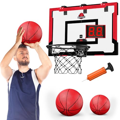 HYES 24" x 16" Großer Basketballkorb Indoor für Kinder, Basketball Korb mit Anzeiger, 2 Balls, Pumpe, Big Basketball Spielzeug für Erwachsener Kinder Teens Jungen Mädchen (rot mit Scorer) von HYES