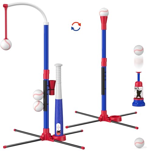 3-in-1 Baseball Set für Kinder 3-5, T Ball Sets Tee Ball Stand mit Hängendes Tee, Ball Launcher und 6 Softbälle, Einstellbare Höhe, Indoor Outdoor Sport Spielzeug Geschenke für Jungen, blau von HYES