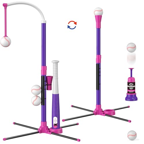 3-in-1 Baseball Set für Kinder 3-5, T Ball Sets Tee Ball Stand mit Hängendes Tee, Ball Launcher und 6 Softbälle, Einstellbare Höhe, Indoor Outdoor Sport Spielzeug Geschenke für Jungen, lila von HYES