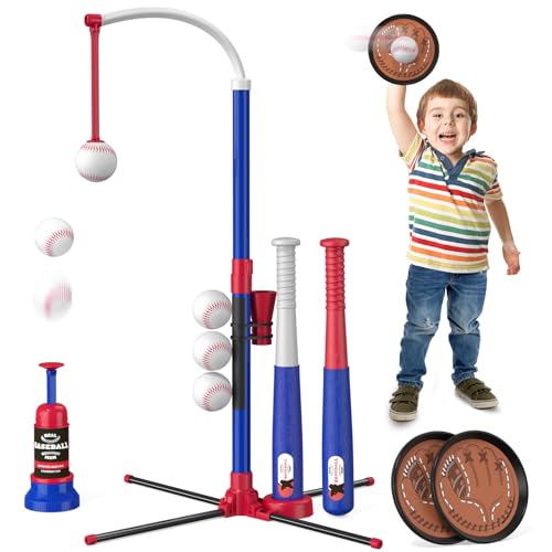 4-in-1 Baseball Set mit Klettballspiel für Kinder 3-5, Tee Ball Stand, TOS und Catch Ball, mit Ball Launcher und 6 Softbälle, Einstellbare Höhe, Indoor Outdoor Spielzeug Geschenke für Jungen, blau von HYES