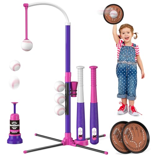 4-in-1 Baseball Set mit Klettballspiel für Kinder 3-5, Tee Ball Stand, TOS und Catch Ball, mit Ball Launcher und 6 Softbälle, Einstellbare Höhe, Indoor Outdoor Spielzeug Geschenke für Jungen, lila von HYES