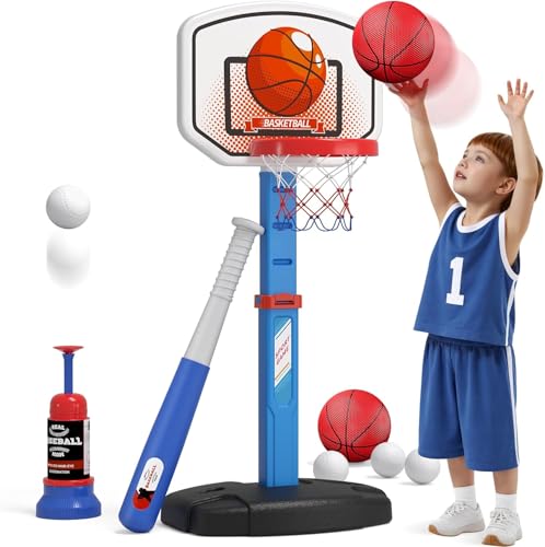 HYES 2 in 1 Basketballkorb Kinder Spielzeug, Basketballkorb Indoor Outdoor Baseball Set ab 2 3 4 Jahre Kinder, mit Pitching Maschine, Baseballschläger, Geschenke für Jungen Mädchen, Blau von HYES