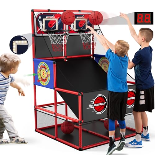 HYES 3 in 1 Dual Shot Basketball Arcade Spiel mit 2 Dart Boards/Elektronische Anzeigetafel/LED Licht, Kinder Basketballkorb für 2 Spieler Indoor Outdoor, Sport Spielzeug für Jungen Mädchen Alter 3-12 HYES 3 in 1 Dual Shot Basketball Arcade Spiel mit 2 Dart Boards/Elektronische Anzeigetafel/LED Licht, Kinder Basketballkorb für 2 Spieler Indoor Outdoor, Sport Spielzeug für Jungen Mädchen Alter 3-12 von HYES