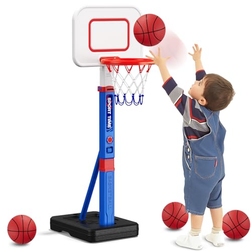 HYES Basketballkorb für Kinder 3-5, Höhenverstellbar Basketball Stander, Mini Basketballkorb Indoor Outdoor mit 4 Balls, Basketball Spielzeug Geschenke für Jungen Mädchen (114-139cm) von HYES