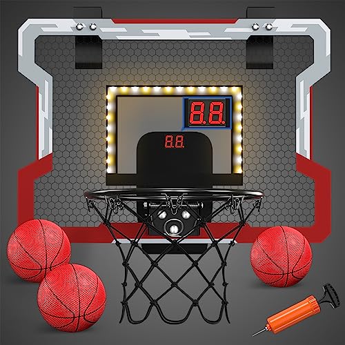 HYES Mini Basketballkorb für Kinder, Basketballkorb Set für Zimmer Basketball Set Mit LED-Licht, 3 Balls, Pumpe, Indoor Outdoor Basketballbrett, Sport Spielzeug Basketball Board von HYES
