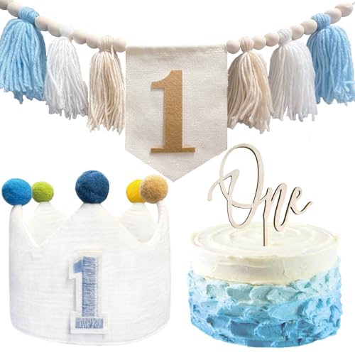 HYHIOTS 1. Geburtstag Dekorationen für Jungen One Hochstuhl Banner mit Erster Geburtstag Krone Hut und One Year Old Cake Topper für Jungen Baby Shower (Blue b) von HYHIOTS