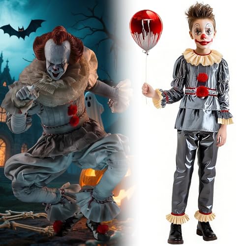 Clown Pennywise KostüM FüR Kinder Halloween: Party Horror Cosplay Horrorfilm Killer Clown Karneval KostüMe FüR Kinder & Verkleidung FüR Partys - Grau/Silber (S码（110cm-120cm）) von HYHYFL