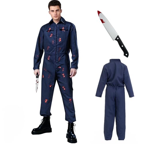 Halloween Michael Myers KostüM Erwachsene: Karneval Killer Film Horror Cosplay KostüM Und Blutverschmiertes Messer Overall Navy (2 Pack) (L(170-175cm)) von HYHYFL