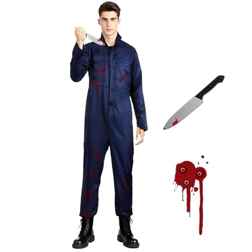 Halloween Michael Myers KostüM Erwachsene: Karneval Killer Film Horror Cosplay KostüM Und Blutverschmiertes Messer Overall Navy (2 Pack) (XL(175-180cm)) von HYHYFL