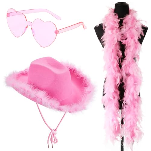 Cowboy Hut, 3 Stück Cowgirl Hut Filz Cowboyhut mit Herzbrille Rosa Federschal Damen Cowboy Hut Cowgirl Kostüm Accessoires Wilder Westen Kostü Westernhut für Party Cosplay Karnevalsfeiertage( Rosa) Cowboy Hut, 3 Stück Cowgirl Hut Filz Cowboyhut mit Herzbrille Rosa Federschal Damen Cowboy Hut Cowgirl Kostüm Accessoires Wilder Westen Kostü Westernhut für Party Cosplay Karnevalsfeiertage( Rosa) von HYMBCFW