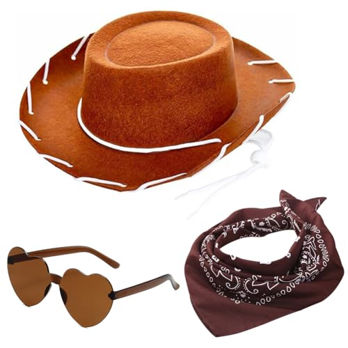 Cowboyhut für Damen, 3 Stück Filz Cowboyhut Cowgirl Hut mit Herzbrille Schal Damen Cowboy Hut Cowgirl Kostüm Accessoires Wilder Westen Kostü Westernhut für Party Cosplay Karnevalsfeiertage (Braun) Cowboyhut für Damen, 3 Stück Filz Cowboyhut Cowgirl Hut mit Herzbrille Schal Damen Cowboy Hut Cowgirl Kostüm Accessoires Wilder Westen Kostü Westernhut für Party Cosplay Karnevalsfeiertage (Braun) von HYMBCFW