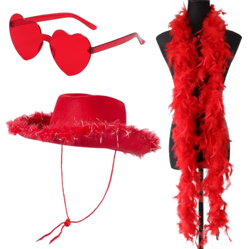 HYMBCFW Cowboy Hut, 3 Stück Filz Cowboyhut Cowgirl Hut mit Herzbrille Federschal Damen Cowboy Hut Cowgirl Kostüm Accessoires Wilder Westen Kostü Westernhut für Party Cosplay Karnevalsfeiertage (Rot) HYMBCFW Cowboy Hut, 3 Stück Filz Cowboyhut Cowgirl Hut mit Herzbrille Federschal Damen Cowboy Hut Cowgirl Kostüm Accessoires Wilder Westen Kostü Westernhut für Party Cosplay Karnevalsfeiertage (Rot) von HYMBCFW