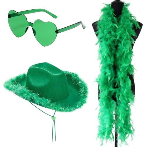 HYMBCFW Cowboy Hut, 3Stück Cowgirl Hut Filz Cowboyhut mit Federschal Herzbrille Damen Cowboy Hut Cowgirl Kostüm Accessoires Wilder Westen Kostü Westernhut für Cosplay Party Karnevalsfeiertage (Grün) HYMBCFW Cowboy Hut, 3Stück Cowgirl Hut Filz Cowboyhut mit Federschal Herzbrille Damen Cowboy Hut Cowgirl Kostüm Accessoires Wilder Westen Kostü Westernhut für Cosplay Party Karnevalsfeiertage (Grün) von HYMBCFW