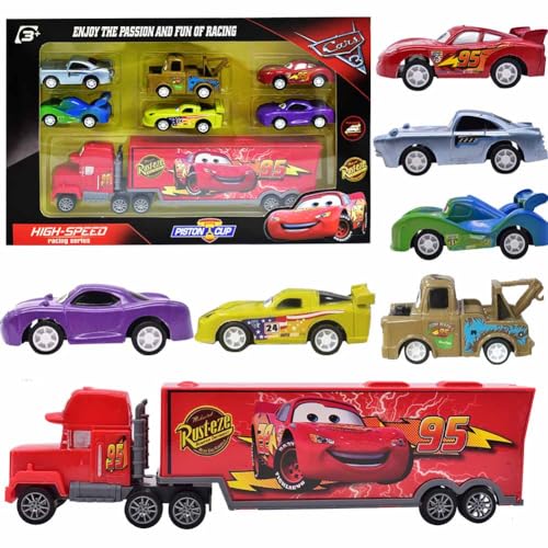 Mccqueen Spielzeugauto Set, 7 Stück Mccqueen Auto Racer Transporter Mini Modellautos Autos Spielzeug Mini Die Cast Spielzeugautos Pull Back Autos Kleine Fahrzeuge Auto Spielzeug Geschenk für Kinder von HYMBCFW