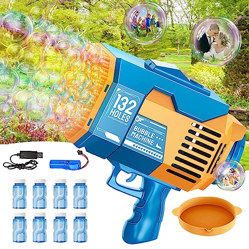 Seifenblasenpistole, Bazooka Bubble Gun, 132 Löcher Seifenblasenpistole, 8 Flaschen Seifenblasenflüssigkeit, Bubble Launcher Spielzeug Geschenke für Erwachsene Kinder Spielen und Indoor-Outdoor-Party von HYNXM