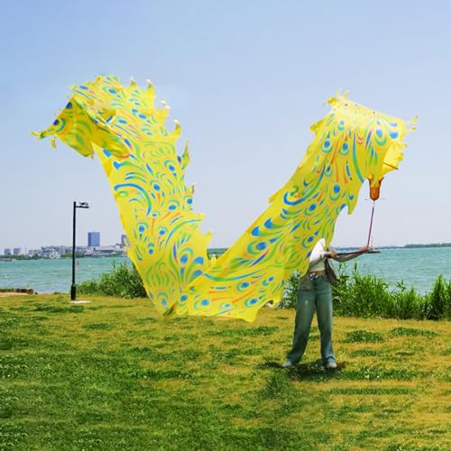 Drachen-Poi mit Pfauenmuster, Drachenband, orientalischer traditioneller Fitness-Tanz-Drachen-Streamer for Tanz und Jonglieren, waschbarer, seidenartiger, bunter Drachen-Poi(Yellow,10 m (33 ft)) von HYQING