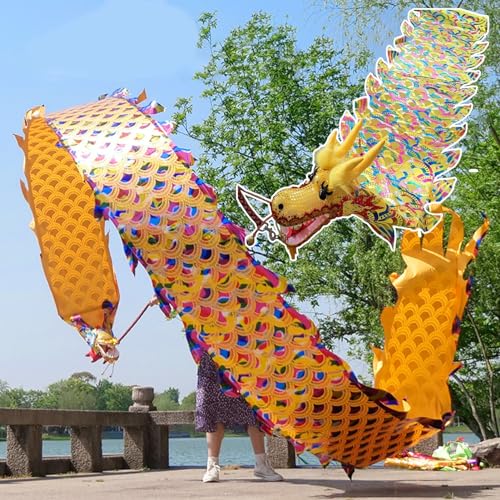 Dragon Poi, waschbarer, farbenfroher Tanzdrachen-Streamer, drehender und schüttelnder Poi im Drachendesign mit Drachenkopf, Schleuderband for Outdoor-Sportarten for Senioren(Yellow,8 m (26 ft)) von HYQING