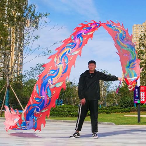 HYQING Drachen-Poi, Phönix-Motiv, Drachentanzband, orientalische traditionelle Fitness-Drachen-Schleuderbänder mit Drachenkopf, seidenartiger Jonglierdrachen-Streamer(Red,10 m (33 ft)) von HYQING