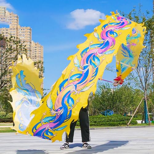 HYQING Drachen-Poi, Phönix-Motiv, Drachentanzband, orientalische traditionelle Fitness-Drachen-Schleuderbänder mit Drachenkopf, seidenartiger Jonglierdrachen-Streamer(Yellow,10 m (33 ft)) von HYQING