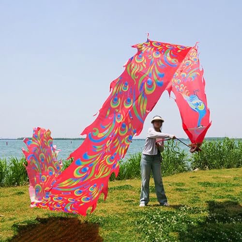 HYQING Drachen-Poi mit Pfauenmuster, Drachenband, orientalischer traditioneller Fitness-Tanz-Drachen-Streamer for Tanz und Jonglieren, waschbarer, seidenartiger, bunter Drachen-Poi(Red,10 m (33 ft)) von HYQING